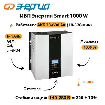 ИБП Энергия Smart 1000W - ИБП и АКБ - Энергия ИБП Smart - . Магазин оборудования для автономного и резервного электропитания Ekosolar.ru в Великом Новгороде